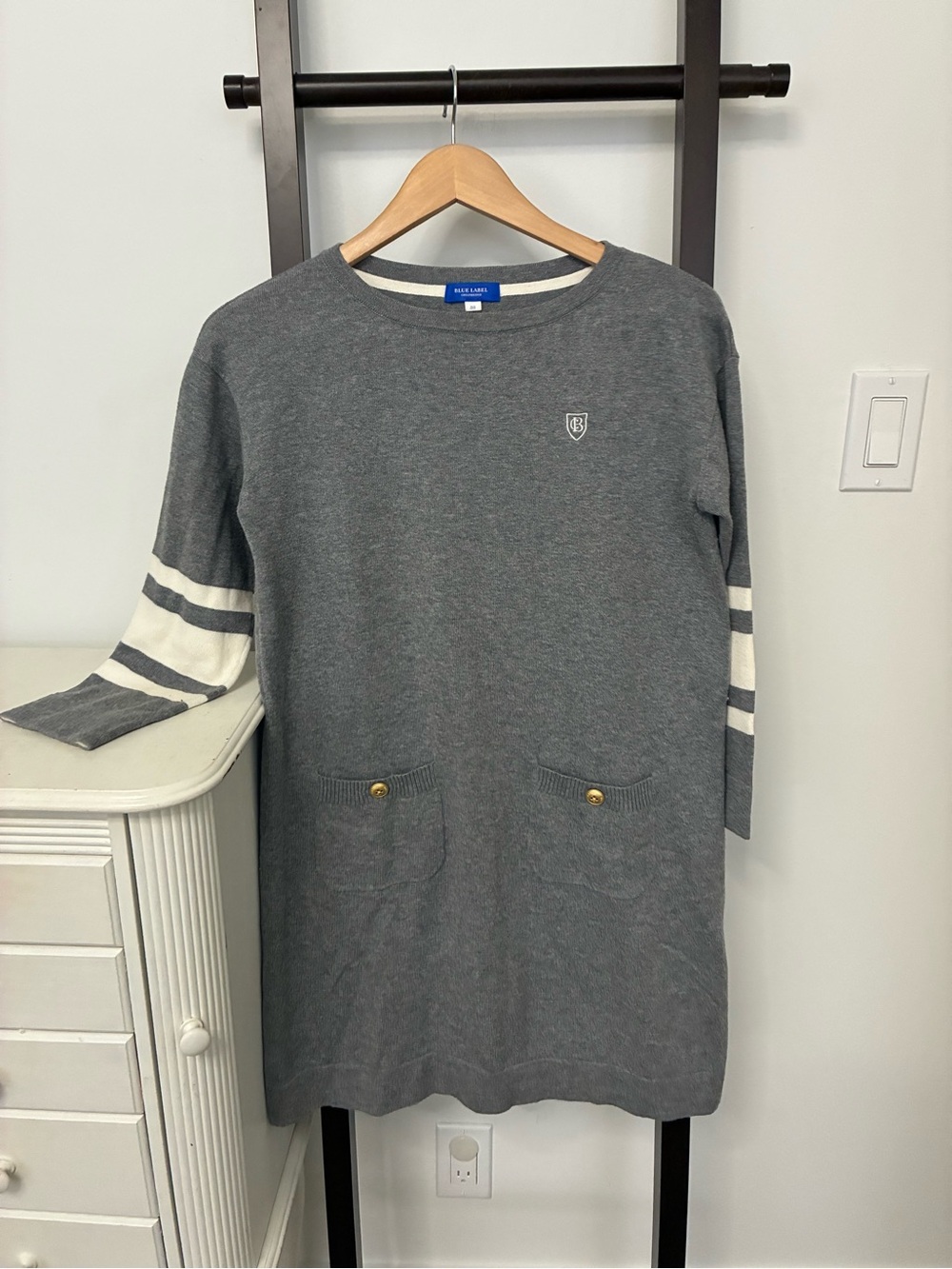 Women’s blue label sweater dress. Grey and cream. Gold buttons. Japan size 38 M